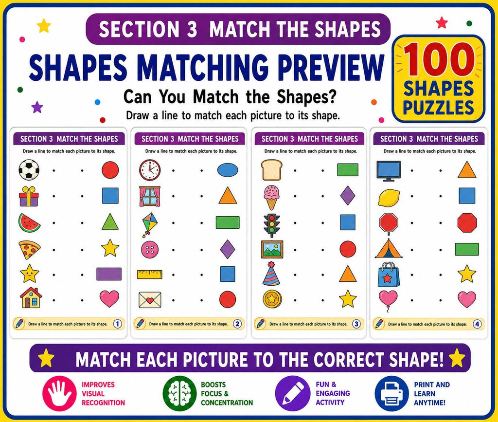 Shapes Workbook for Kids, Summer Printable PDF, 110 Page Preschool Kindergarten Activity Bundle
