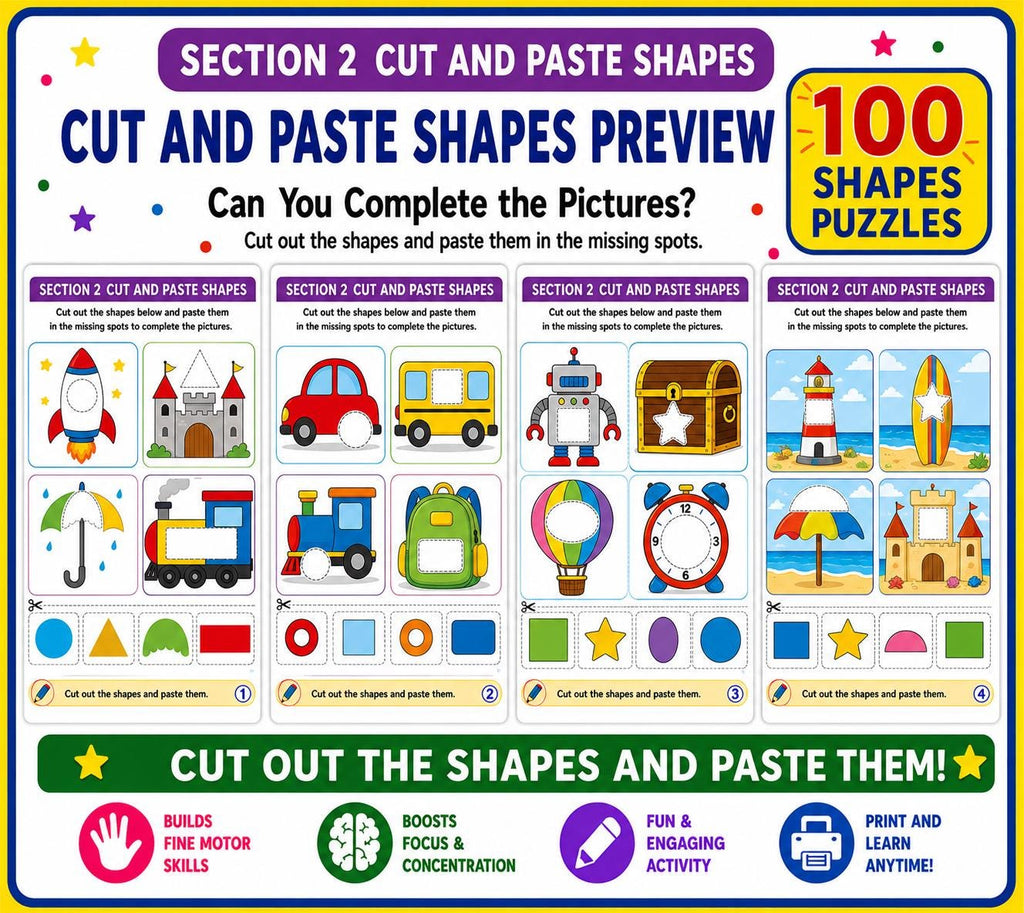 Shapes Workbook for Kids, Summer Printable PDF, 110 Page Preschool Kindergarten Activity Bundle