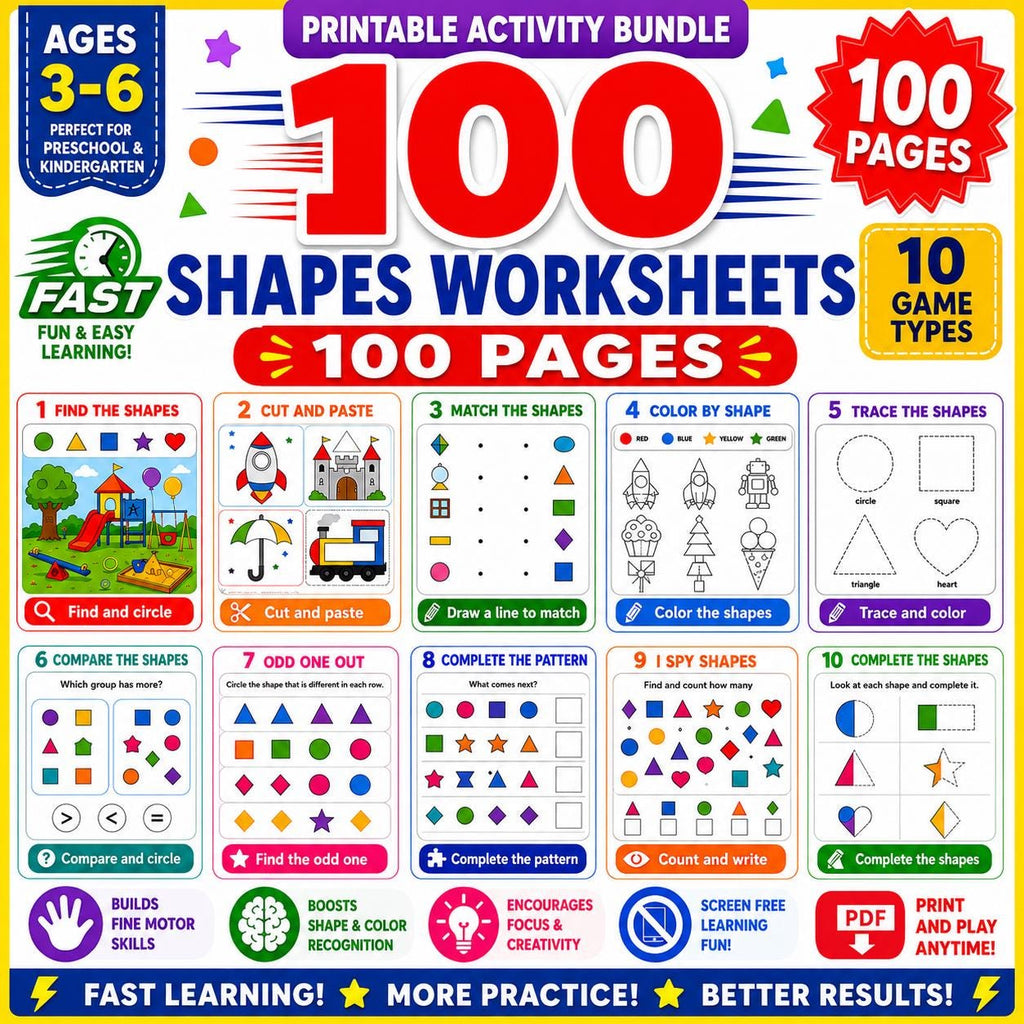 Shapes Workbook for Kids, Summer Printable PDF, 110 Page Preschool Kindergarten Activity Bundle