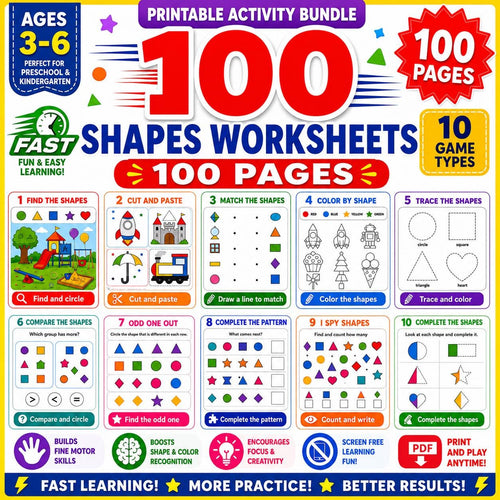 Shapes Workbook for Kids, Summer Printable PDF, 110 Page Preschool Kindergarten Activity Bundle