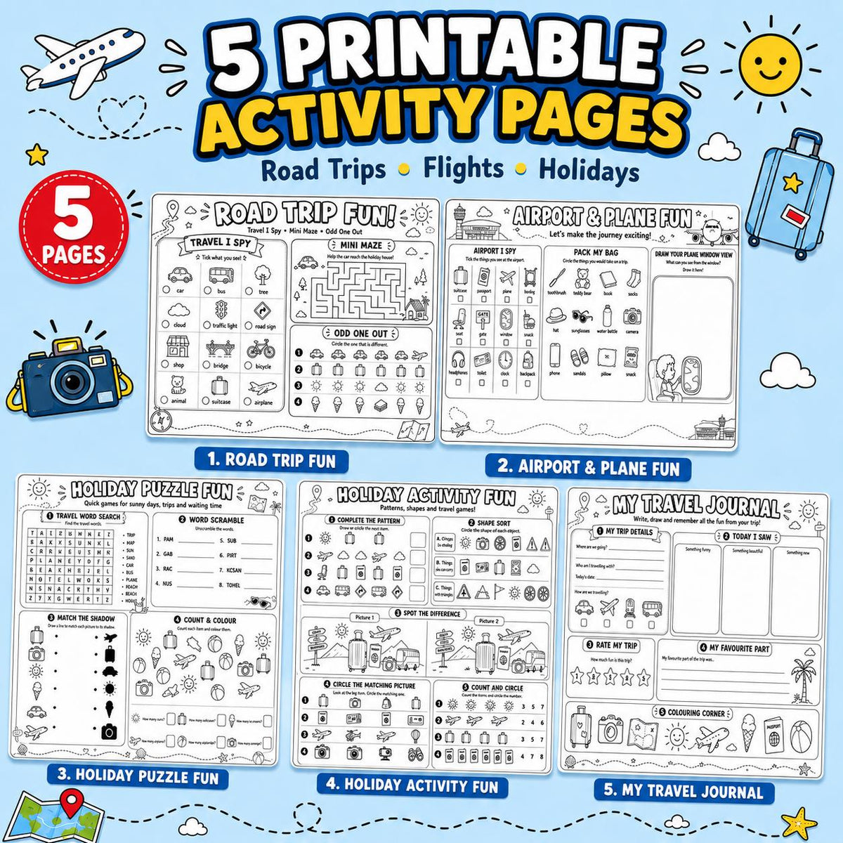 Holiday Travel Activity Pack Printable, Kids Road Trip Games, Airport & Plane Activities, Flight Activities, Puzzle Sheets, Travel Journal
