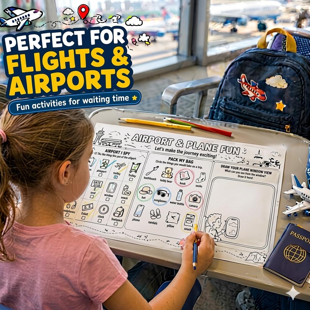 Holiday Travel Activity Pack Printable, Kids Road Trip Games, Airport & Plane Activities, Flight Activities, Puzzle Sheets, Travel Journal