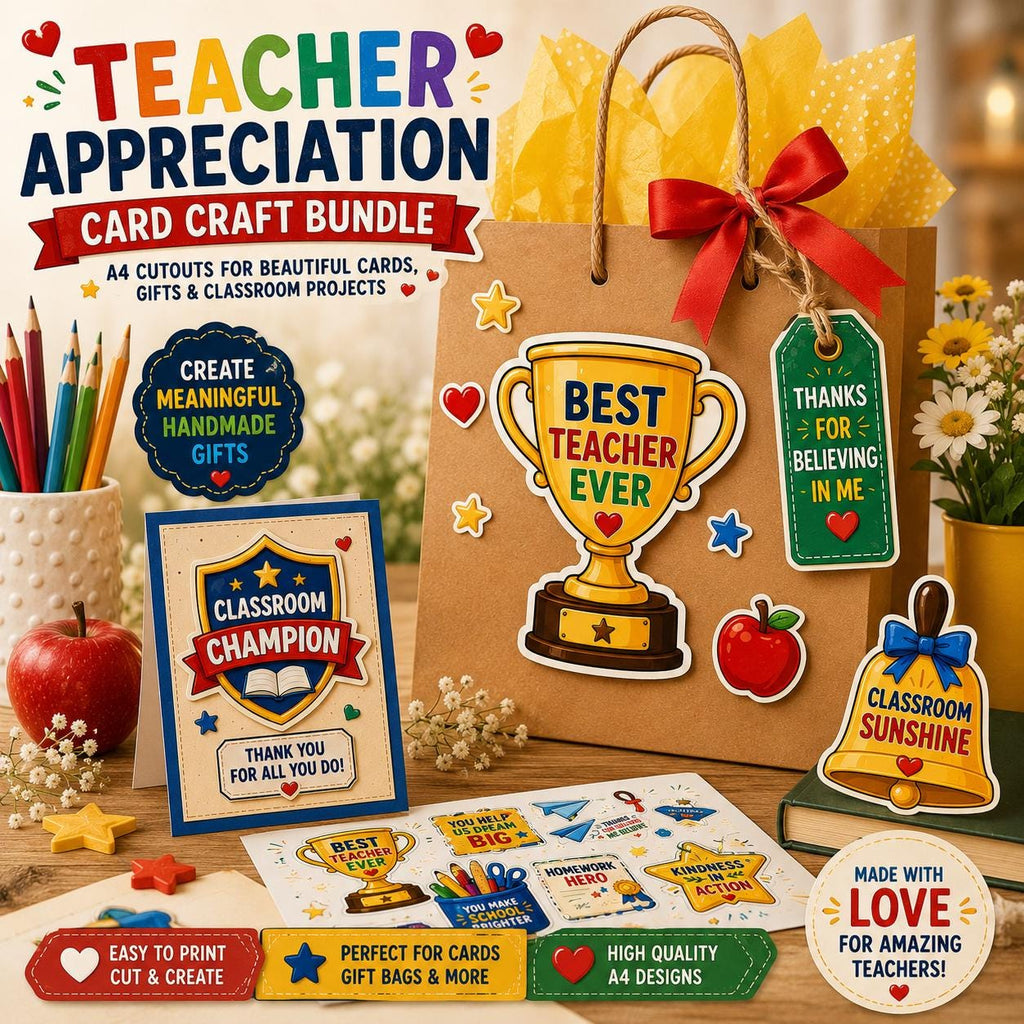 Teacher Cutouts Printable, Thank You Gift for Teacher, Teacher Card Making Craft, Teachers Day Gift, End of Year Teacher Gift, A4 PDF