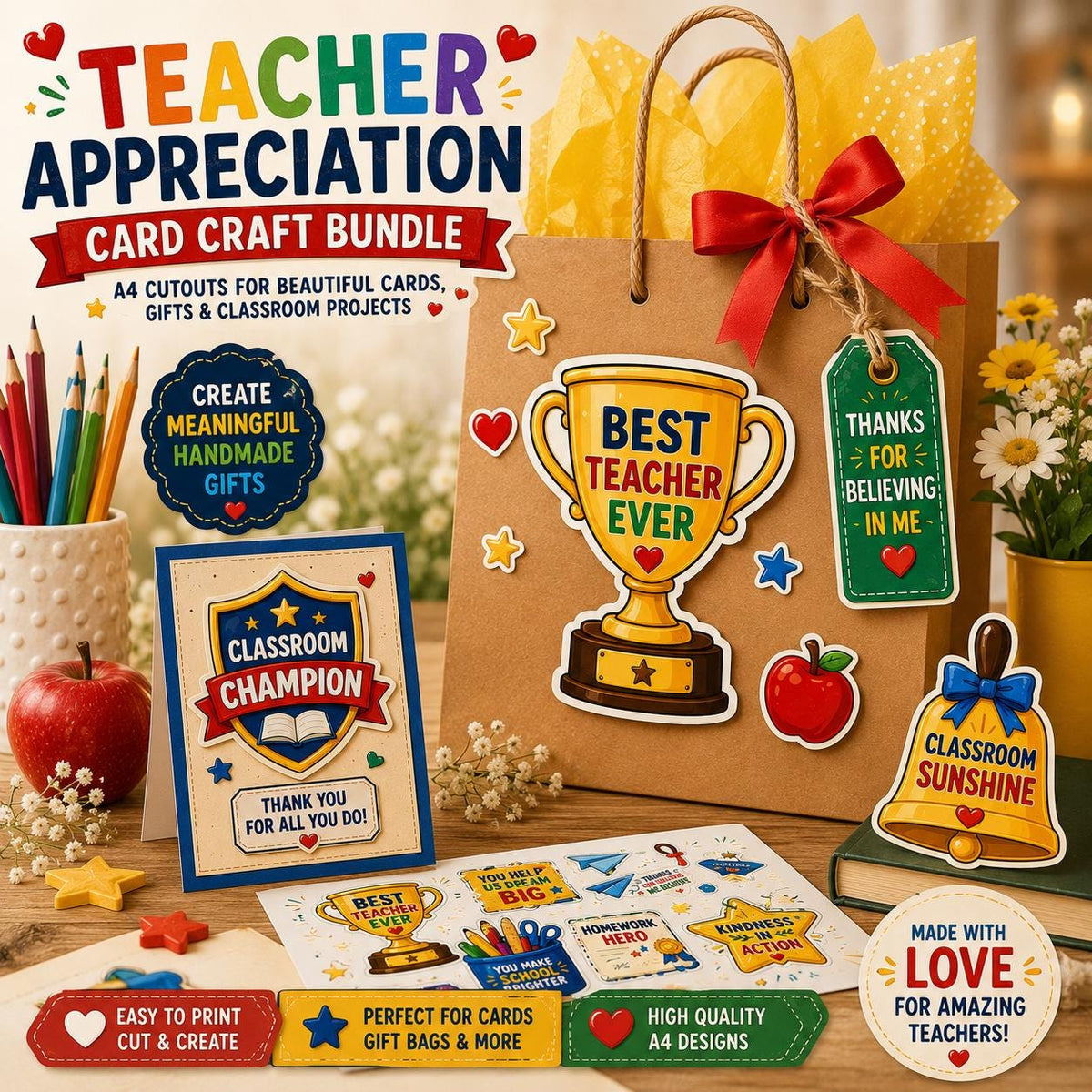 Teacher Cutouts Printable, Thank You Gift for Teacher, Teacher Card Making Craft, Teachers Day Gift, End of Year Teacher Gift, A4 PDF