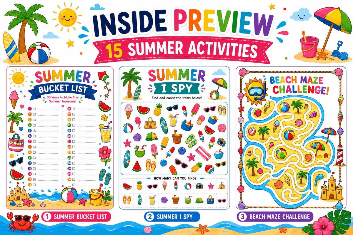 Summer Activity Pack Printable, 15 Kids Summer Worksheets, Summer Coloring Pages, Word Search, I Spy, Cut and Paste, Maze, Math PDF