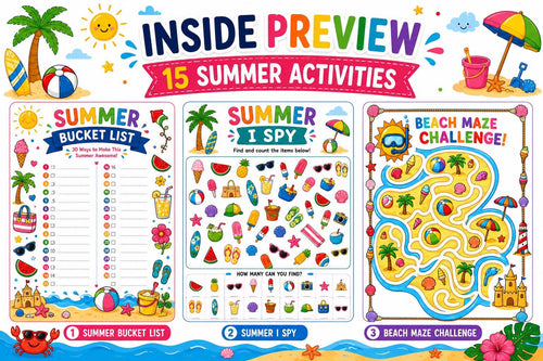 Summer Activity Pack Printable, 15 Kids Summer Worksheets, Summer Coloring Pages, Word Search, I Spy, Cut and Paste, Maze, Math PDF