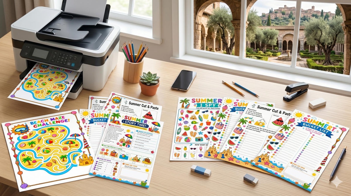 Summer Activity Pack Printable, 15 Kids Summer Worksheets, Summer Coloring Pages, Word Search, I Spy, Cut and Paste, Maze, Math PDF