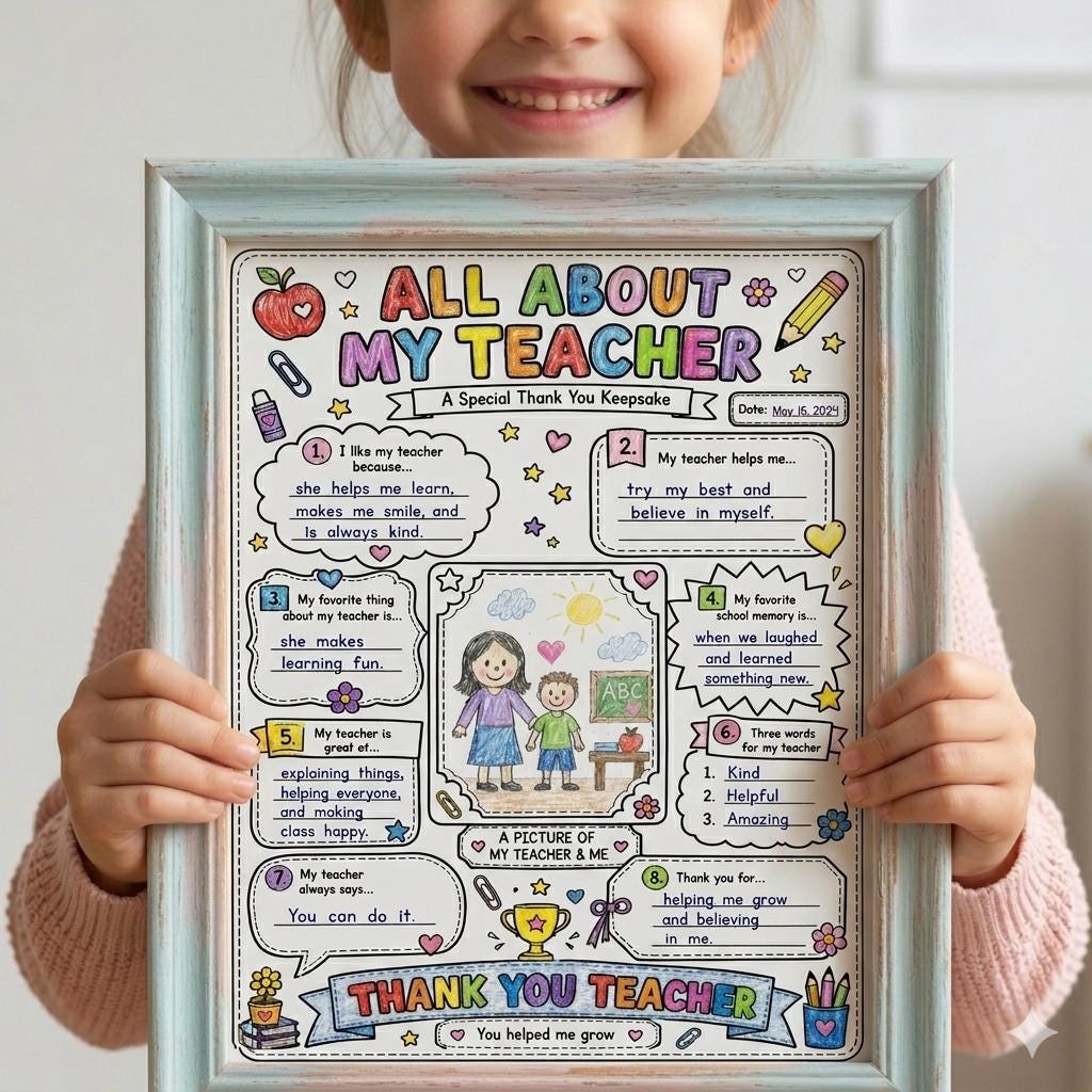 All About My Teacher Printable Gift | Teacher Thank You Keepsake | Kids Fill In The Blank Worksheet | Teacher Coloring P