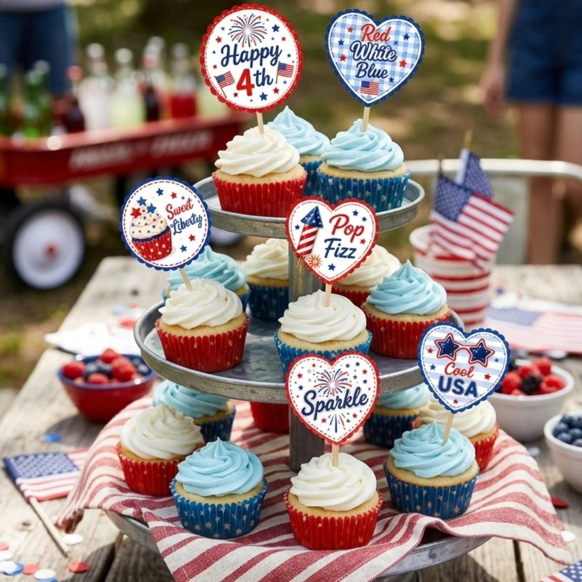 4th of July Cupcake Toppers and Favor Tags Printable, Patriotic Party Decorations, USA Party Decor, Independence Day Treat Tags PDF