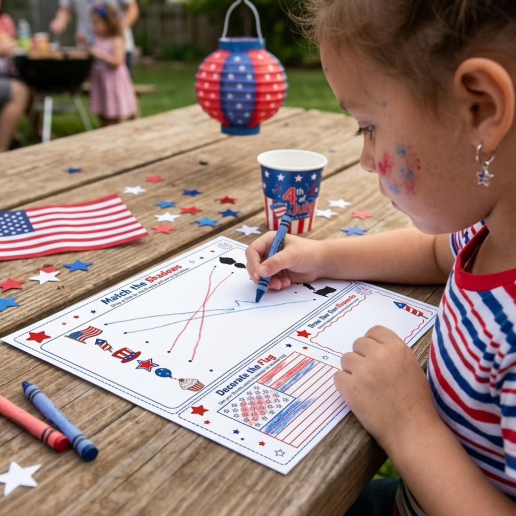4th of July Activity Pack Printable, Kids Independence Day Worksheets, Patriotic Coloring Placemat, USA Party Games, Summer Activities PDF