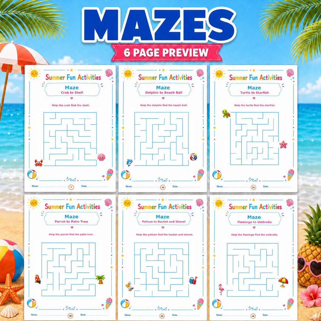 Summer Activity Pack Printable, 140 Pages Summer Worksheets, Kids Printable Games, I Spy, Mazes, Word Search, Coloring Pages