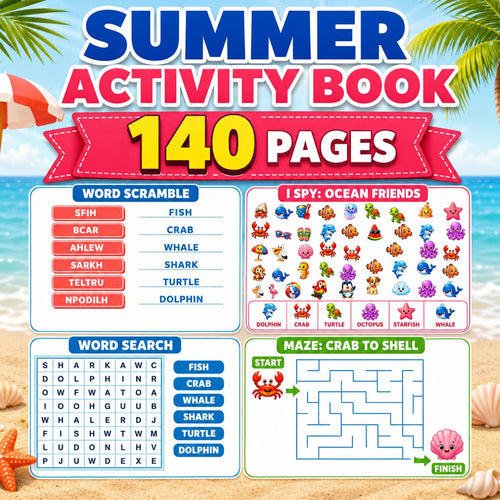 Summer Activity Pack Printable, 140 Pages Summer Worksheets, Kids Printable Games, I Spy, Mazes, Word Search, Coloring P