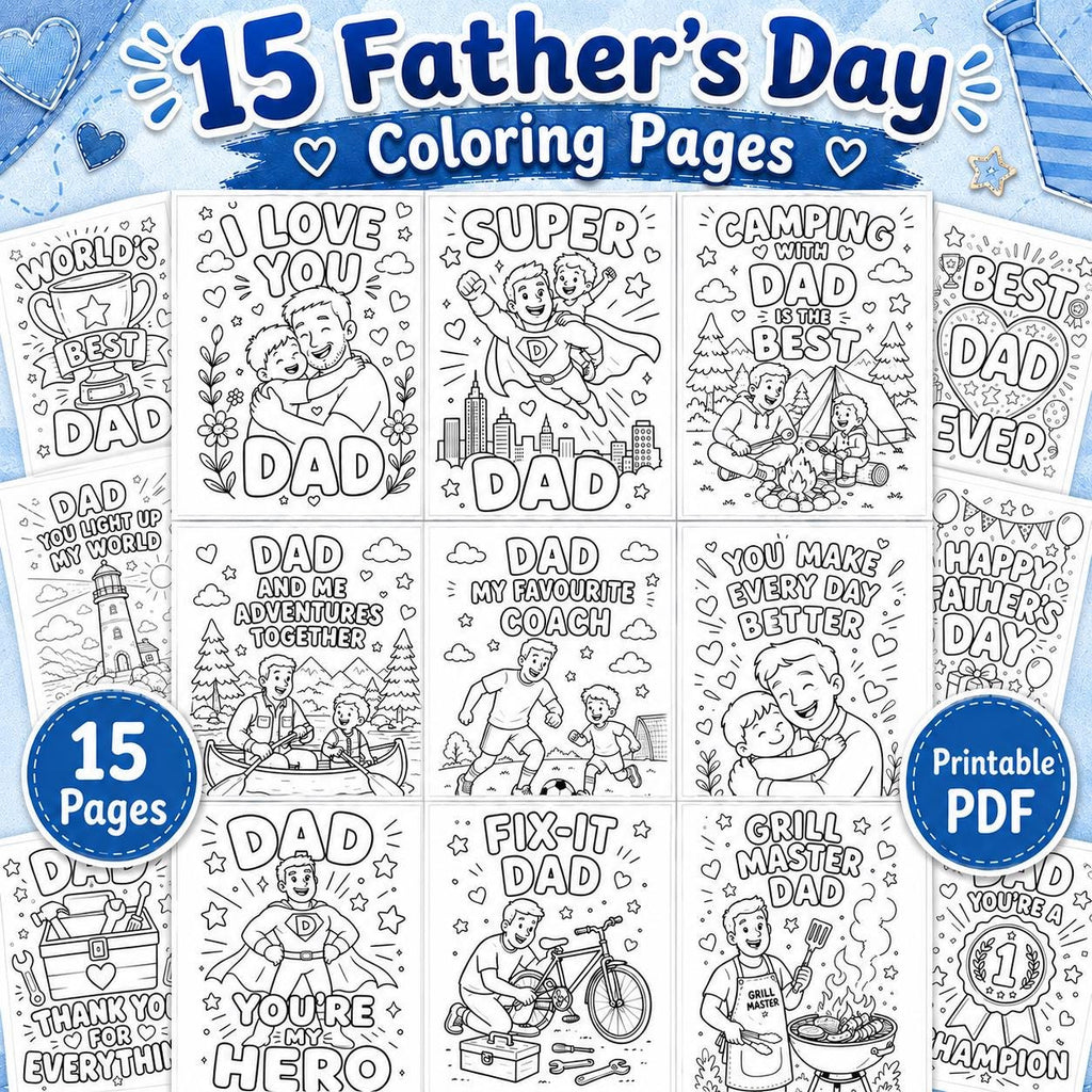 Father’s Day Coloring Pages for Kids, Dad & Daddy Coloring Book, 15 Printable Father’s Day Gift Pages PDF