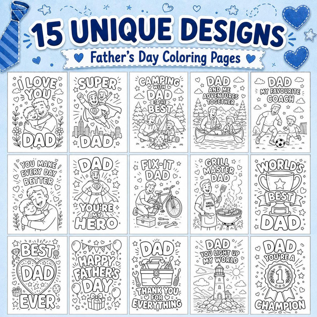 Father’s Day Coloring Pages for Kids, Dad & Daddy Coloring Book, 15 Printable Father’s Day Gift Pages PDF