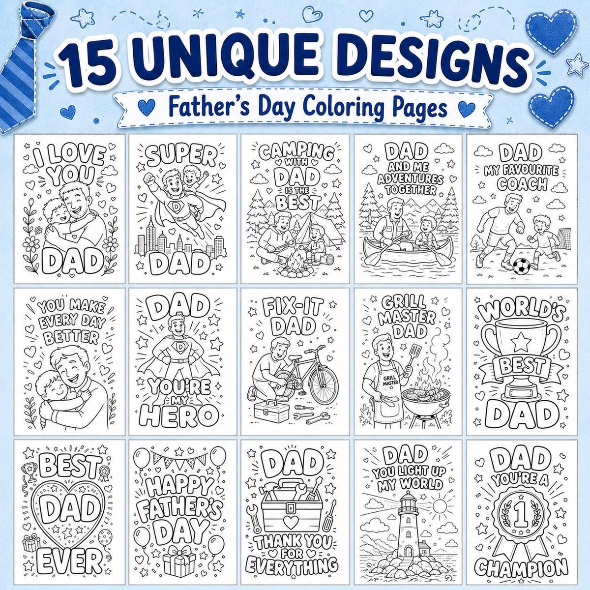 Father’s Day Coloring Pages for Kids, Dad & Daddy Coloring Book, 15 Printable Father’s Day Gift Pages PDF