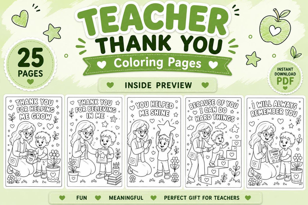 Teacher Thank You Coloring Pages Printable, Teacher Appreciation Coloring Book, End of Year Teacher Gift, School Coloring Activity, 25 Pages