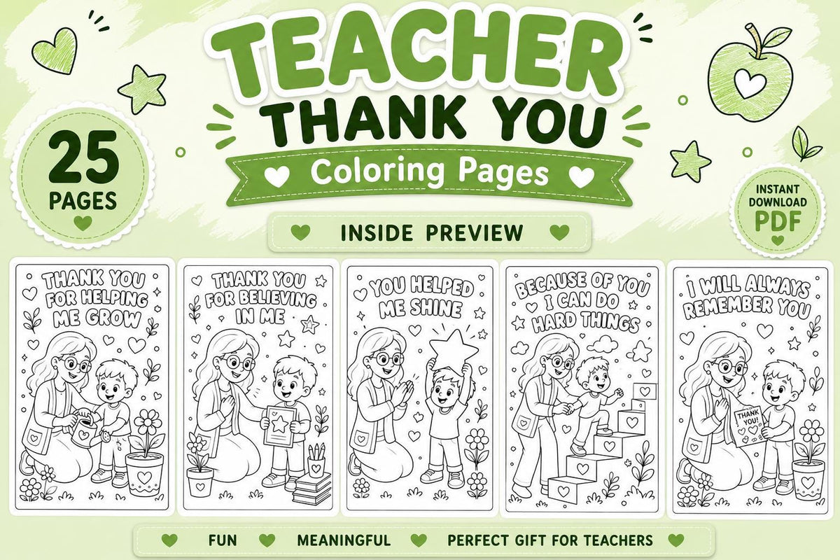 Teacher Thank You Coloring Pages Printable, Teacher Appreciation Coloring Book, End of Year Teacher Gift, School Coloring Activity, 25 Pages