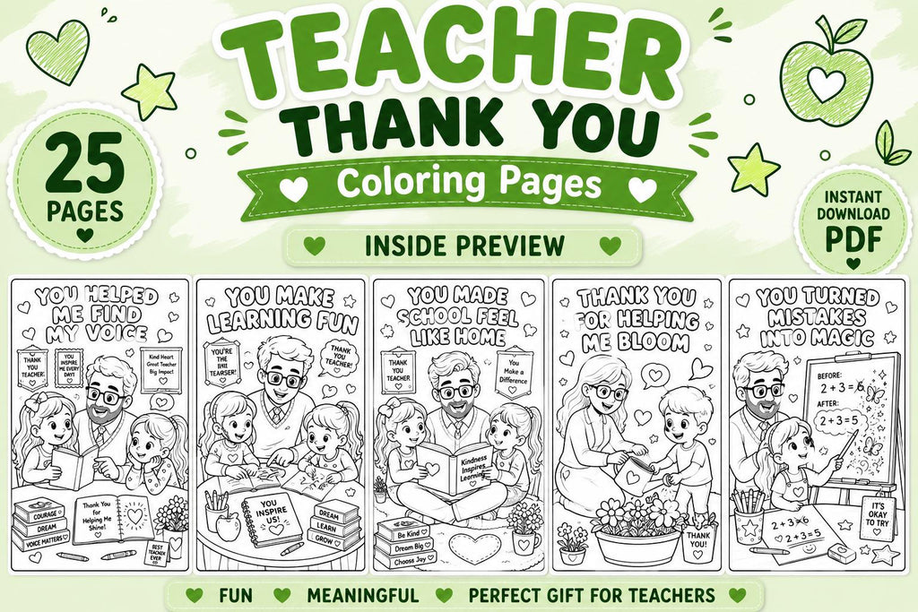 Teacher Thank You Coloring Pages Printable, Teacher Appreciation Coloring Book, End of Year Teacher Gift, School Coloring Activity, 25 Pages