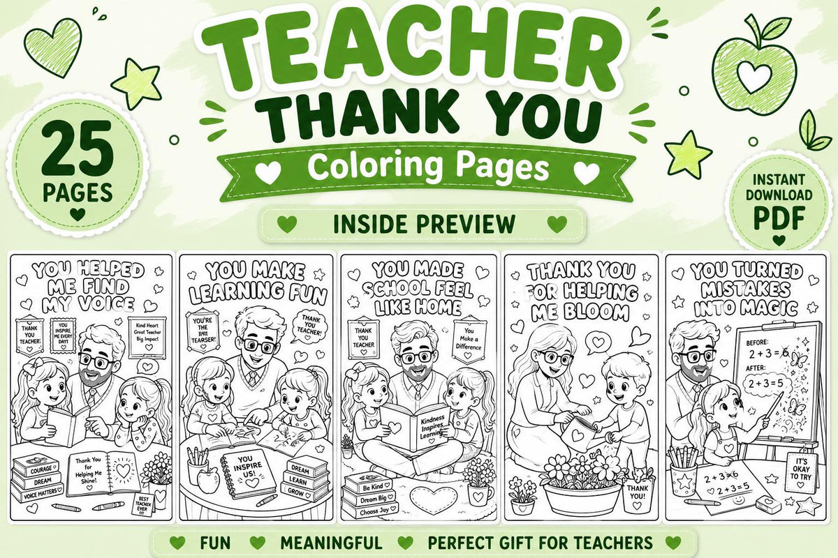 Teacher Thank You Coloring Pages Printable, Teacher Appreciation Coloring Book, End of Year Teacher Gift, School Coloring Activity, 25 Pages