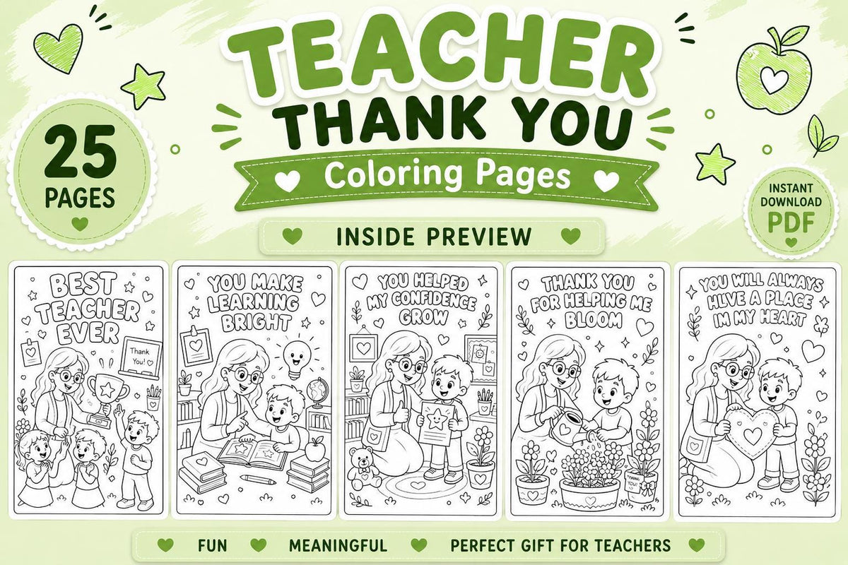 Teacher Thank You Coloring Pages Printable, Teacher Appreciation Coloring Book, End of Year Teacher Gift, School Coloring Activity, 25 Pages