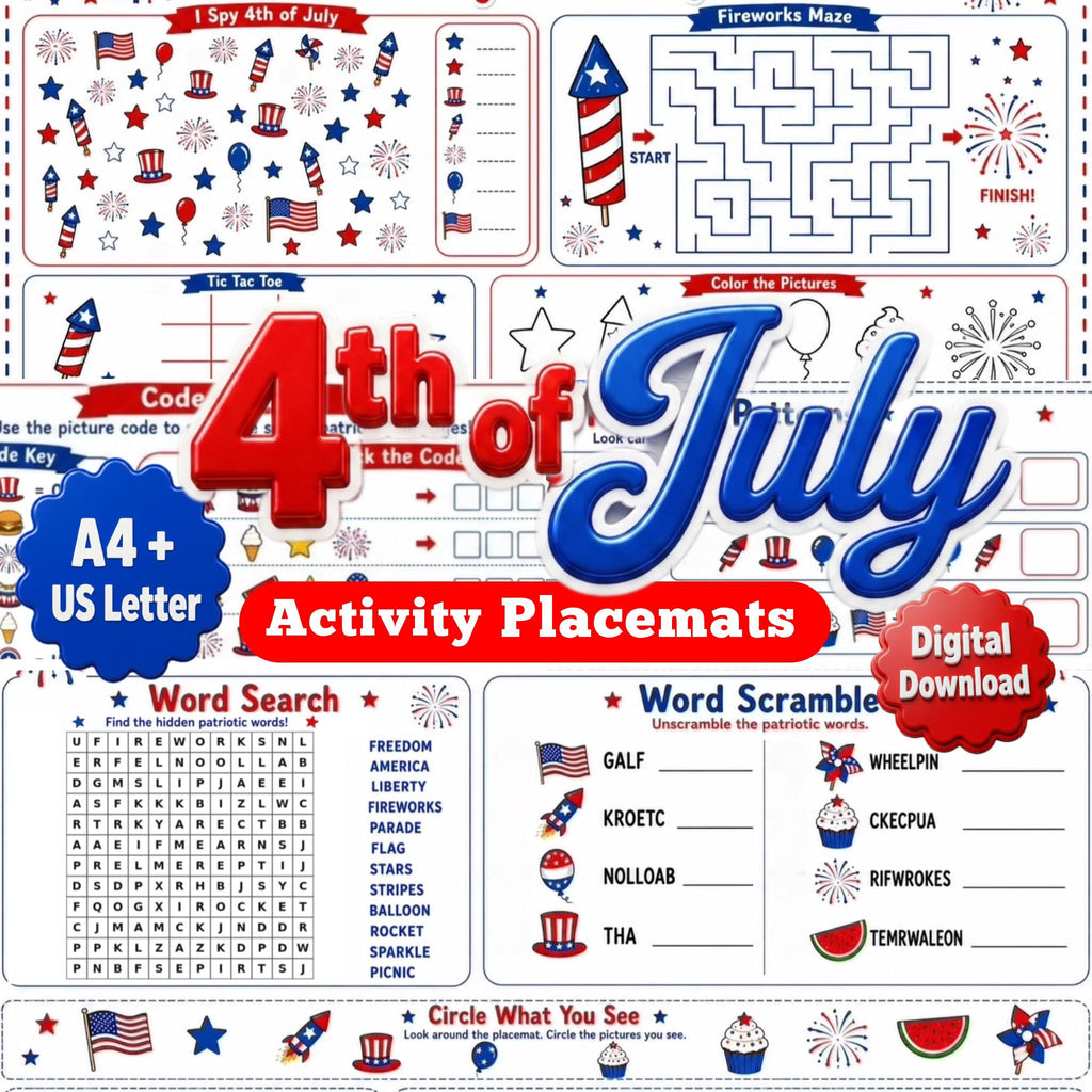 4th of July Activity Placemats Printable, Kids Patriotic Games, Independence Day Placemat, A4 US Letter PDF, Digital Dow
