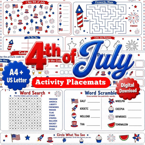 4th of July Activity Placemats Printable, Kids Patriotic Games, Independence Day Placemat, A4 US Letter PDF, Digital Dow