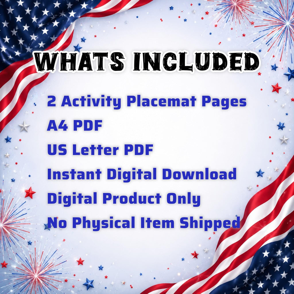4th of July Activity Placemats Printable, Kids Patriotic Games, Independence Day Placemat, A4 US Letter PDF, Digital Download
