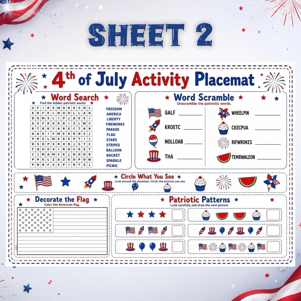 4th of July Activity Placemats Printable, Kids Patriotic Games, Independence Day Placemat, A4 US Letter PDF, Digital Download