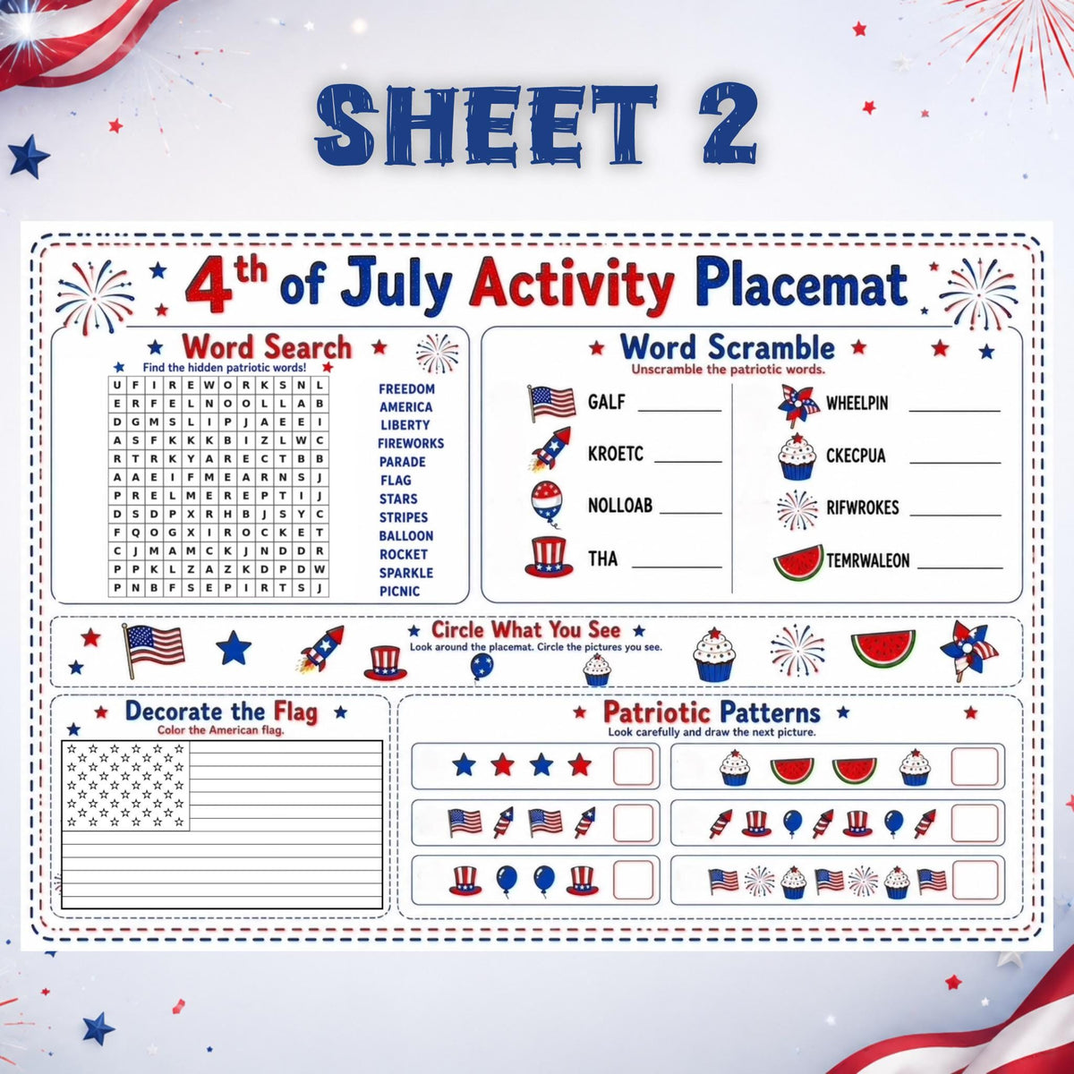 4th of July Activity Placemats Printable, Kids Patriotic Games, Independence Day Placemat, A4 US Letter PDF, Digital Download