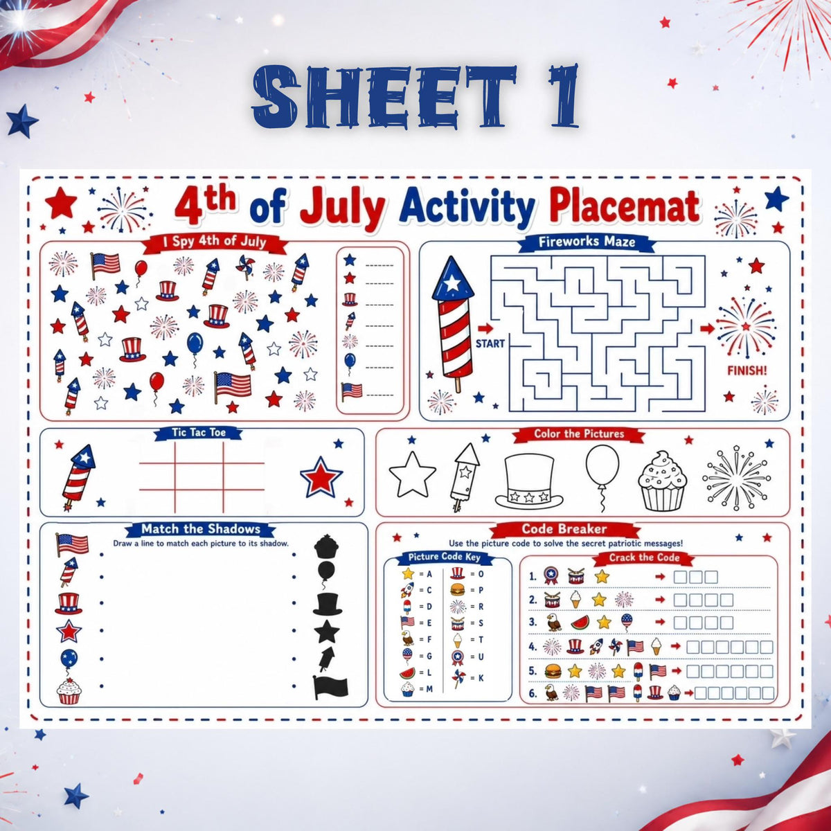 4th of July Activity Placemats Printable, Kids Patriotic Games, Independence Day Placemat, A4 US Letter PDF, Digital Download