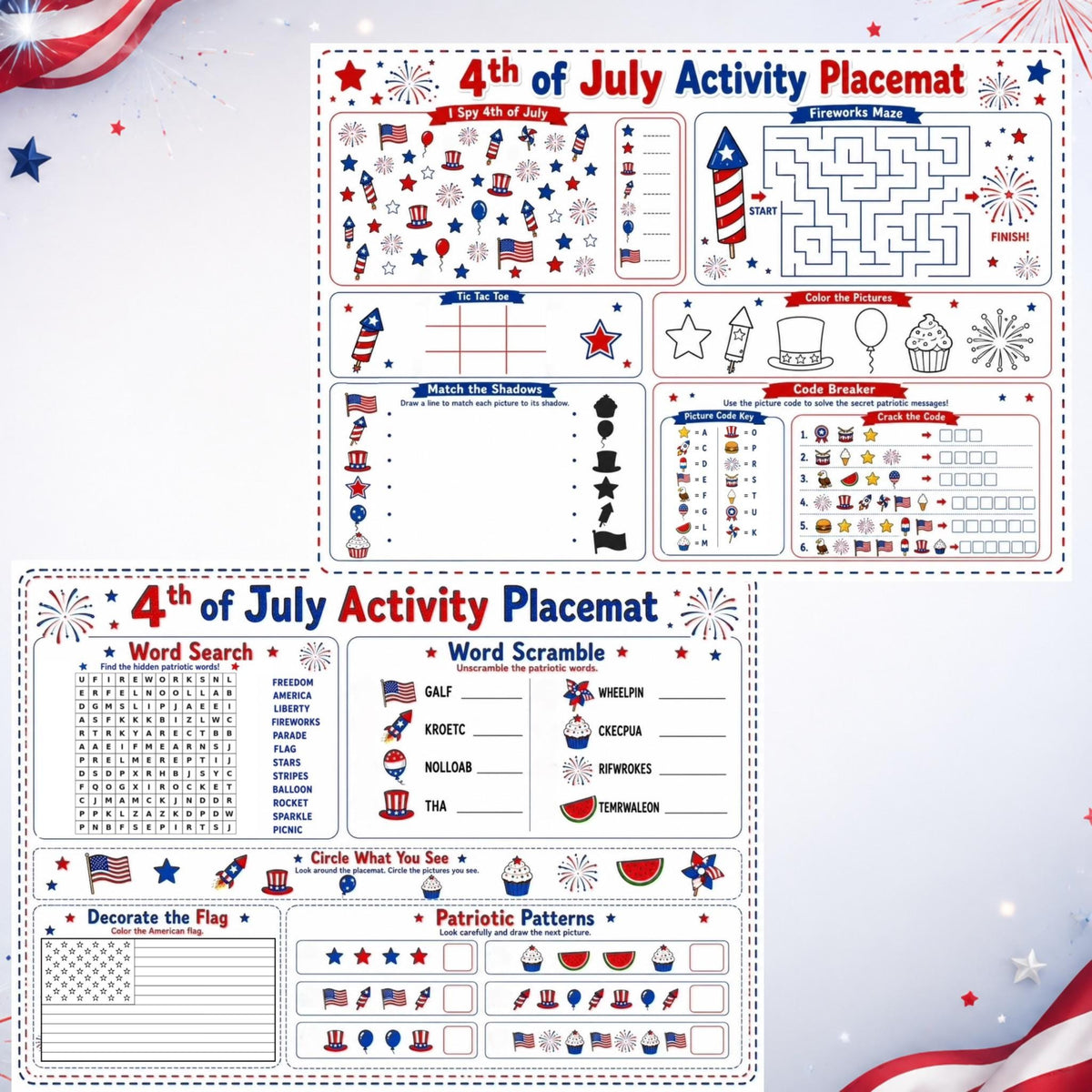 4th of July Activity Placemats Printable, Kids Patriotic Games, Independence Day Placemat, A4 US Letter PDF, Digital Download