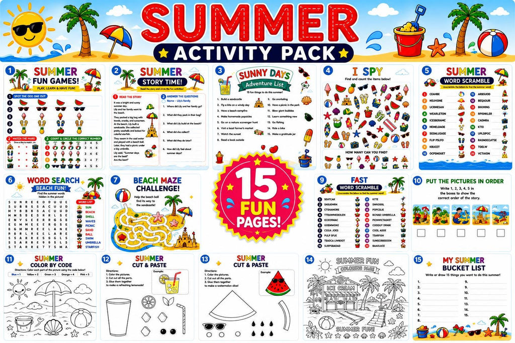 Summer Activity Pack Printable, 15 Kids Summer Worksheets, Summer Coloring Pages, Word Search, I Spy, Cut and Paste, Maz
