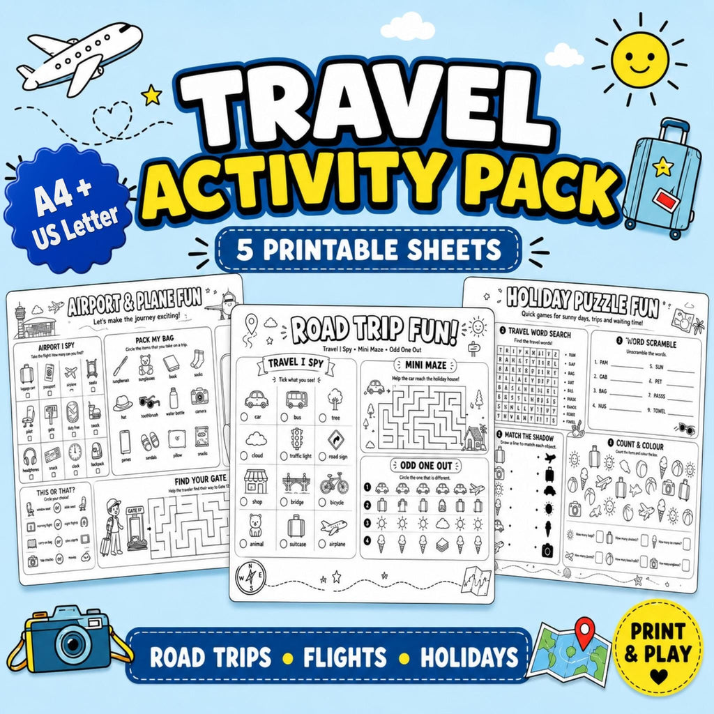 Holiday Travel Activity Pack Printable, Kids Road Trip Games, Airport & Plane Activities, Flight Activities, Puzzle Shee