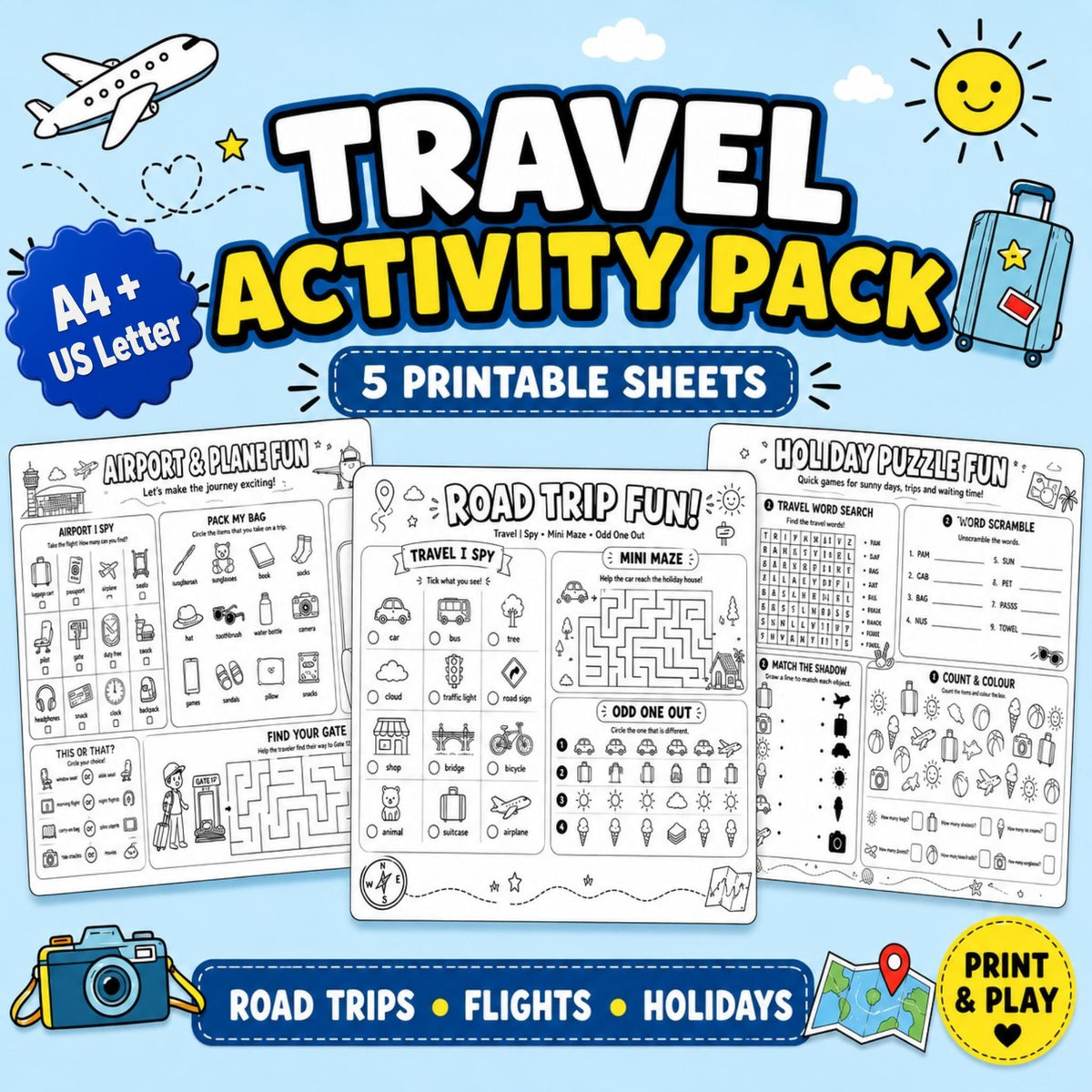 Holiday Travel Activity Pack Printable, Kids Road Trip Games, Airport & Plane Activities, Flight Activities, Puzzle Shee