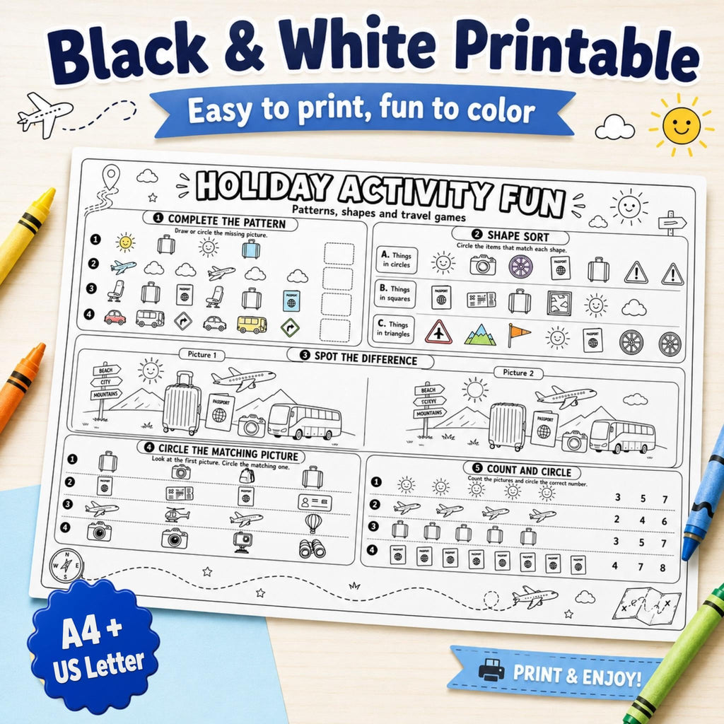 Holiday Travel Activity Pack Printable, Kids Road Trip Games, Airport & Plane Activities, Flight Activities, Puzzle Sheets, Travel Journal