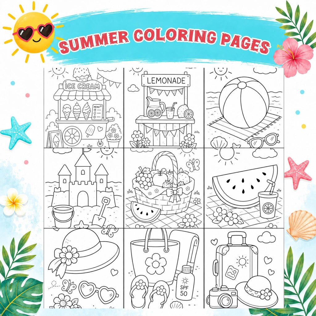 Summer Coloring Pages Printable, Kids Summer Colouring Book, Ice Cream Coloring Sheets, Summer Activity Pages, Digital Coloring Pages PDF