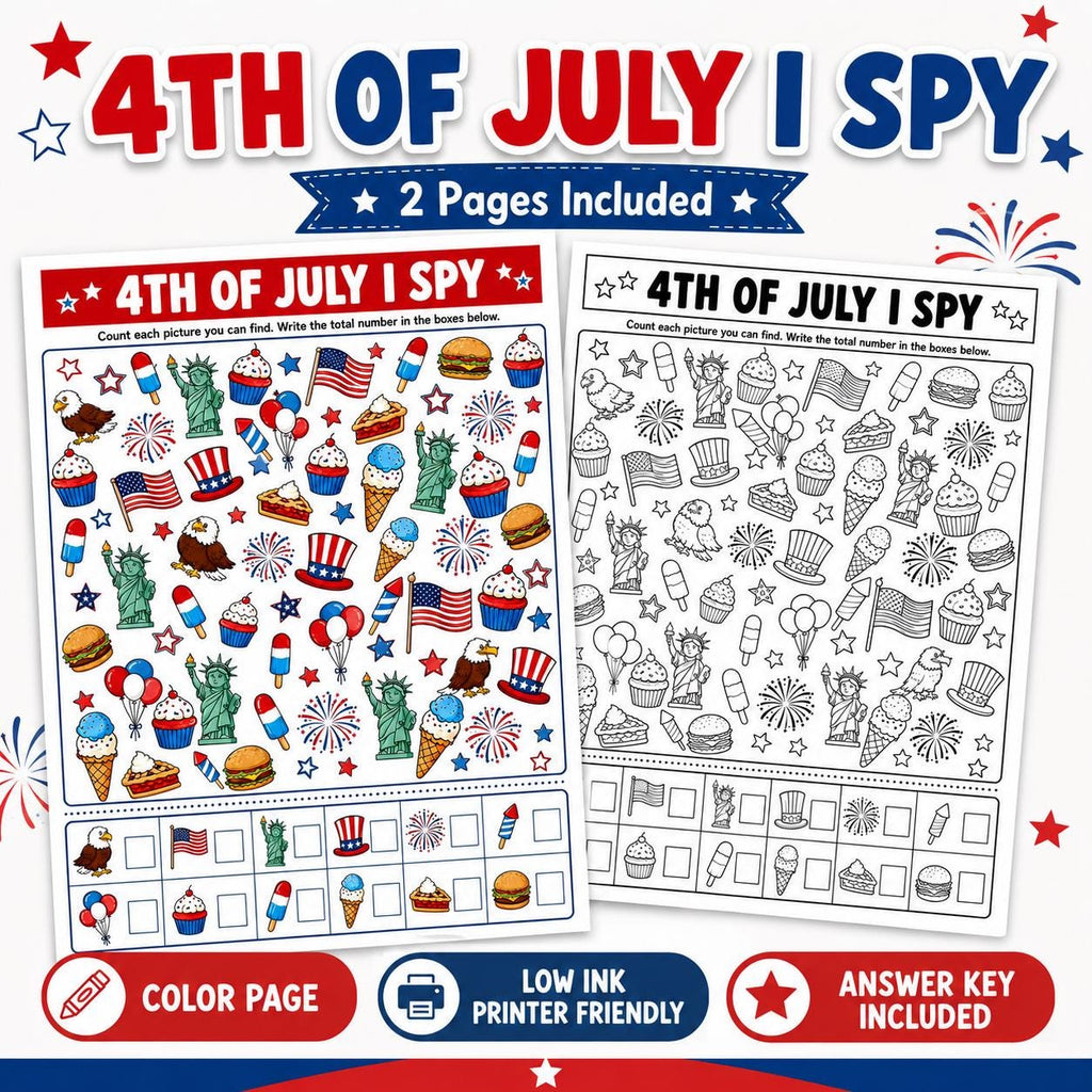 4th of July I Spy Printable, Independence Day Kids Activity, July 4th Party Game, Look and Find Game for Kids, Summer Worksheet