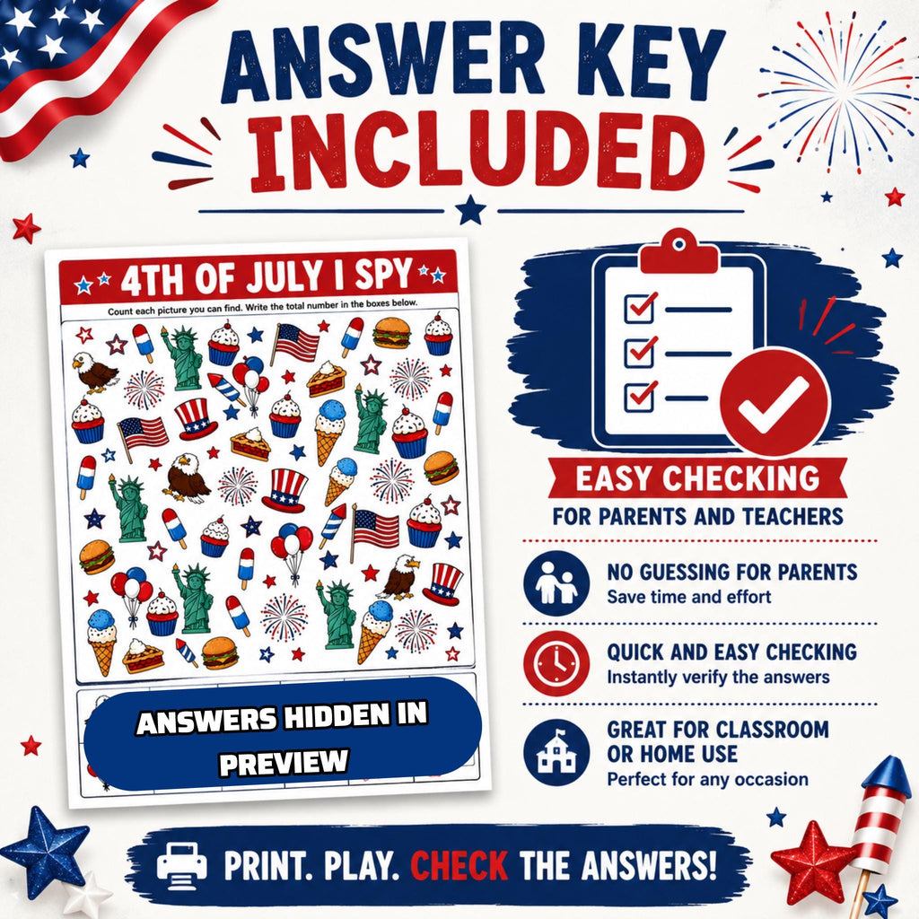 4th of July I Spy Printable, Independence Day Kids Activity, July 4th Party Game, Look and Find Game for Kids, Summer Worksheet