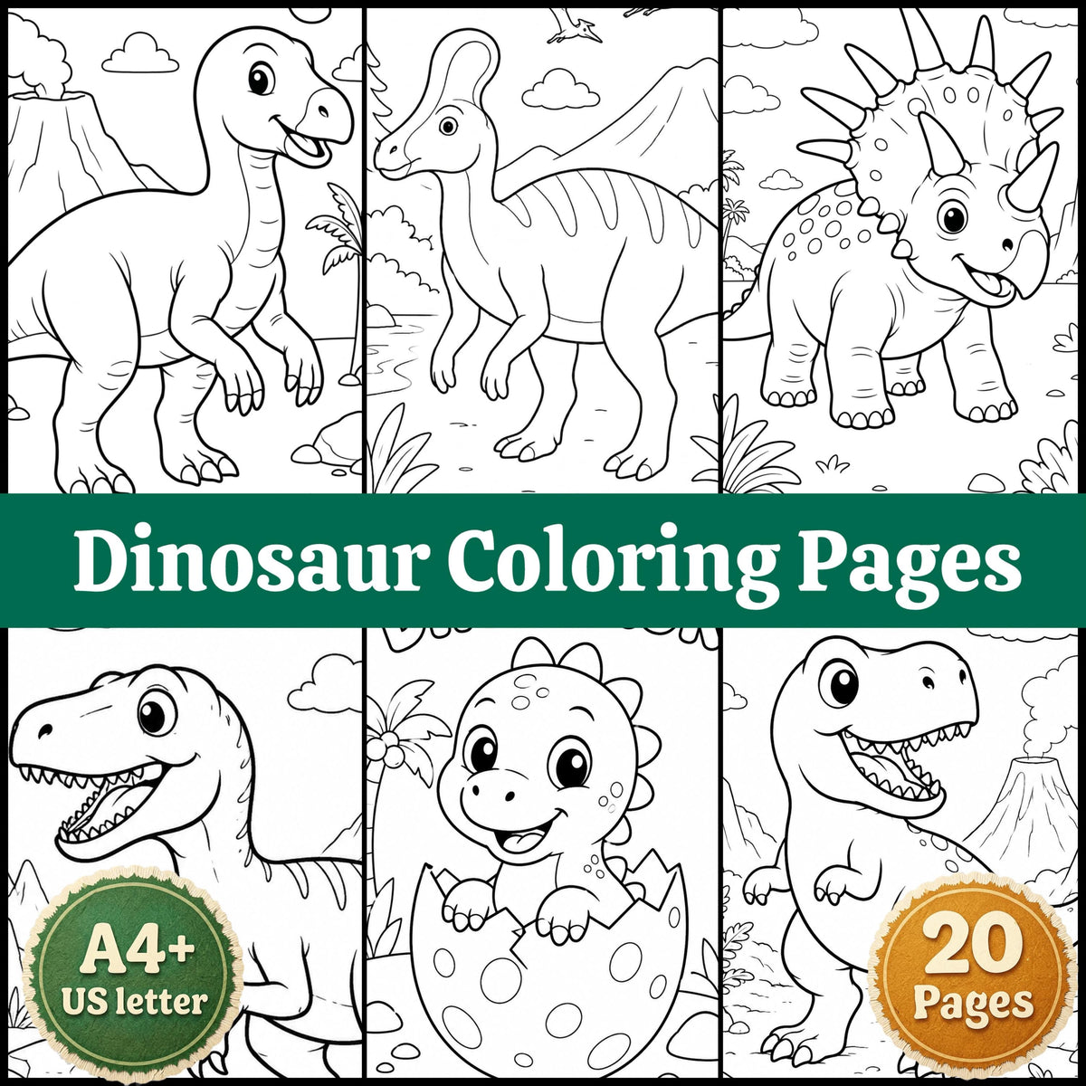 Dinosaur Coloring Pages Printable for Kids, T Rex Triceratops Dino Coloring Book PDF, Cute Dinosaur Activity Sheets, A4 