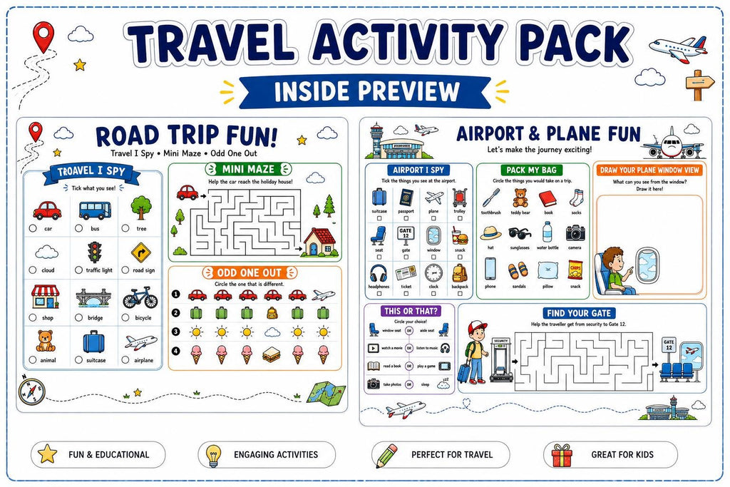 Travel Activity Pack Printable for Kids, Road Trip Activities, Airplane Travel Games, Vacation Activity Book, I Spy, Mazes, Word Search PDF