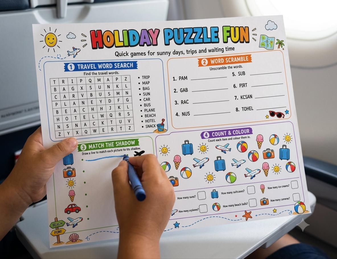 Travel Activity Pack Printable for Kids, Road Trip Activities, Airplane Travel Games, Vacation Activity Book, I Spy, Mazes, Word Search PDF