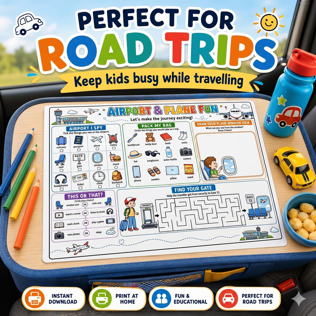 Travel Activity Pack Printable for Kids, Road Trip Activities, Airplane Travel Games, Vacation Activity Book, I Spy, Mazes, Word Search PDF