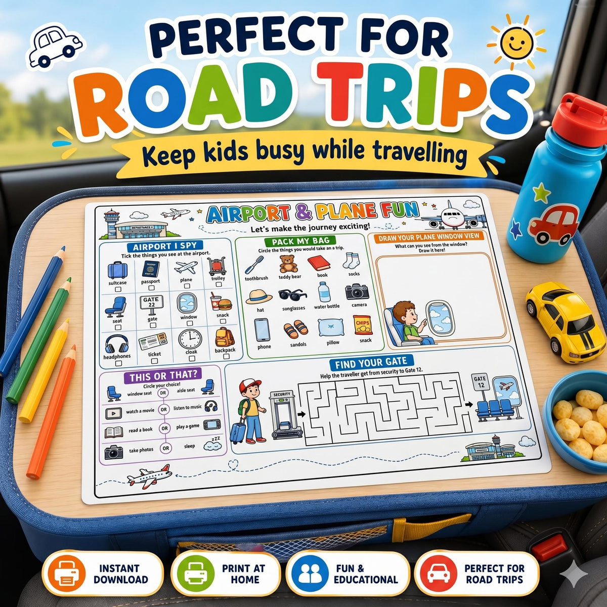 Travel Activity Pack Printable for Kids, Road Trip Activities, Airplane Travel Games, Vacation Activity Book, I Spy, Mazes, Word Search PDF