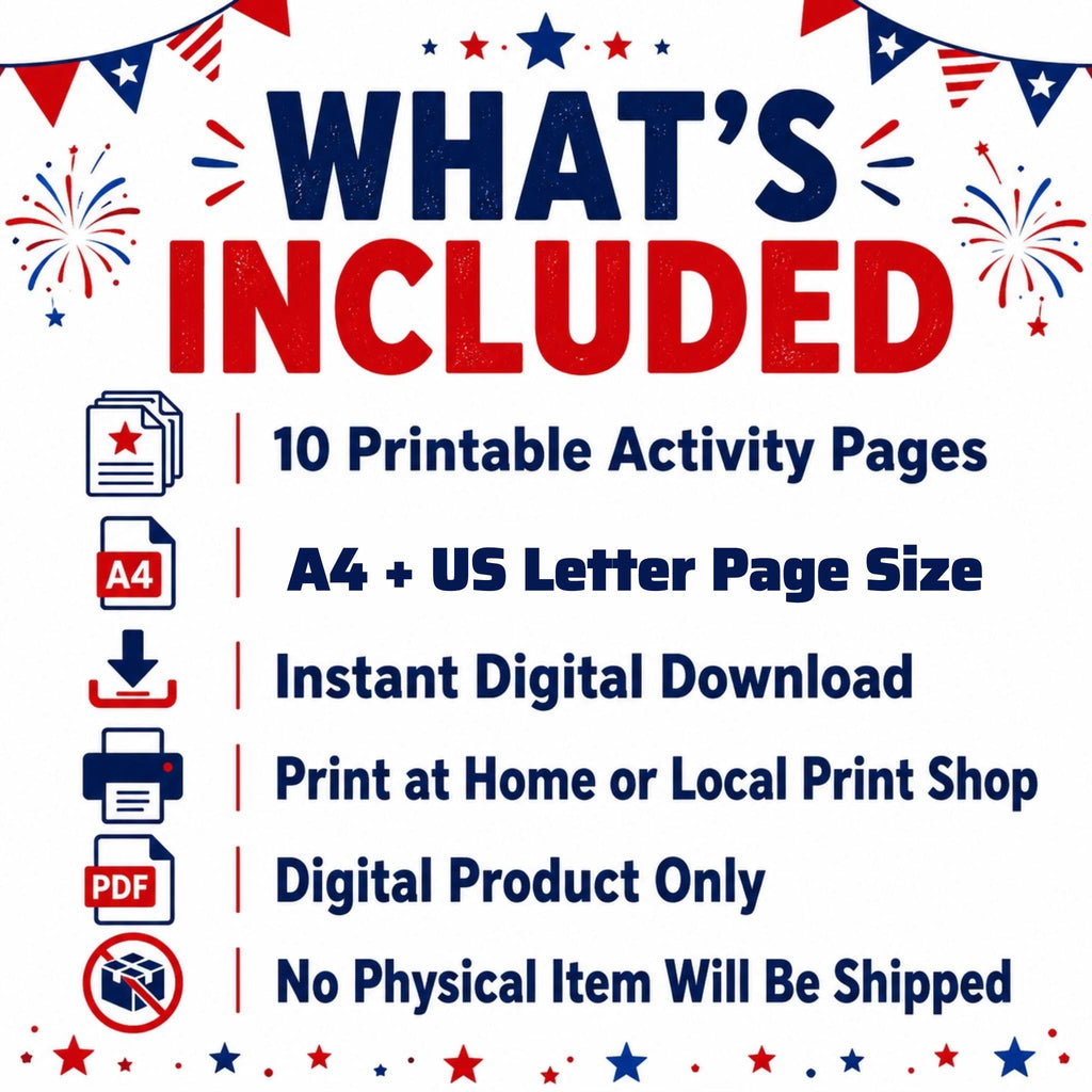 4th of July Activity Pack Printable, Kids Independence Day Worksheets, Patriotic Coloring Placemat, USA Party Games, Summer Activities PDF