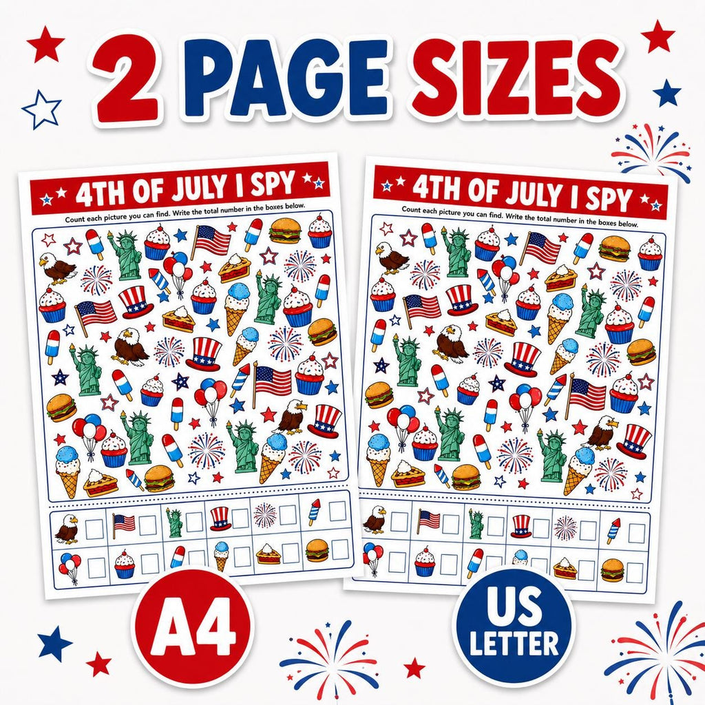 4th of July I Spy Printable, Independence Day Kids Activity, July 4th Party Game, Look and Find Game for Kids, Summer Worksheet