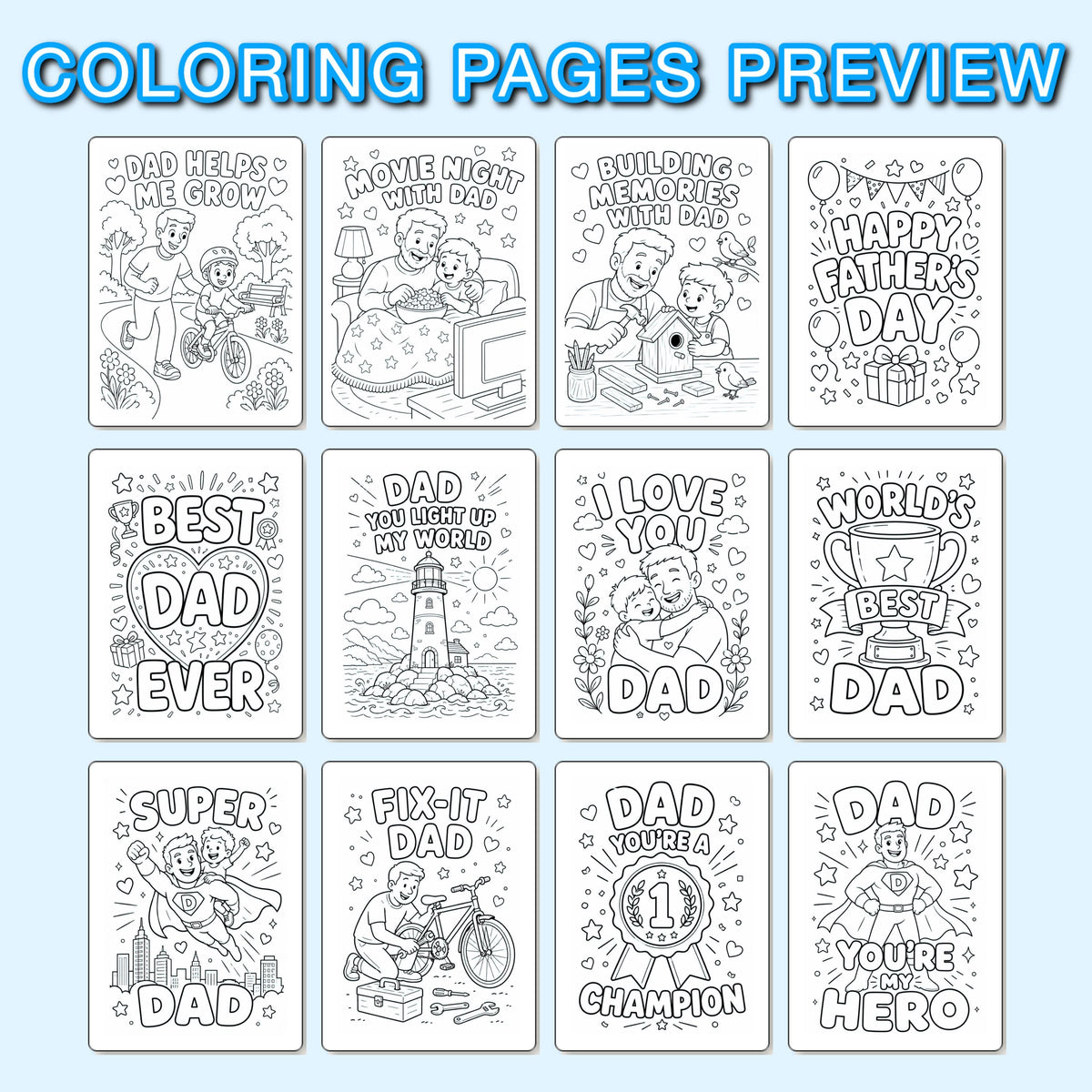 Father Coloring Book Printable, Dad Coloring Pages for Kids, Gift for Dad from Child, Daddy Coloring Sheets, Printable PDF