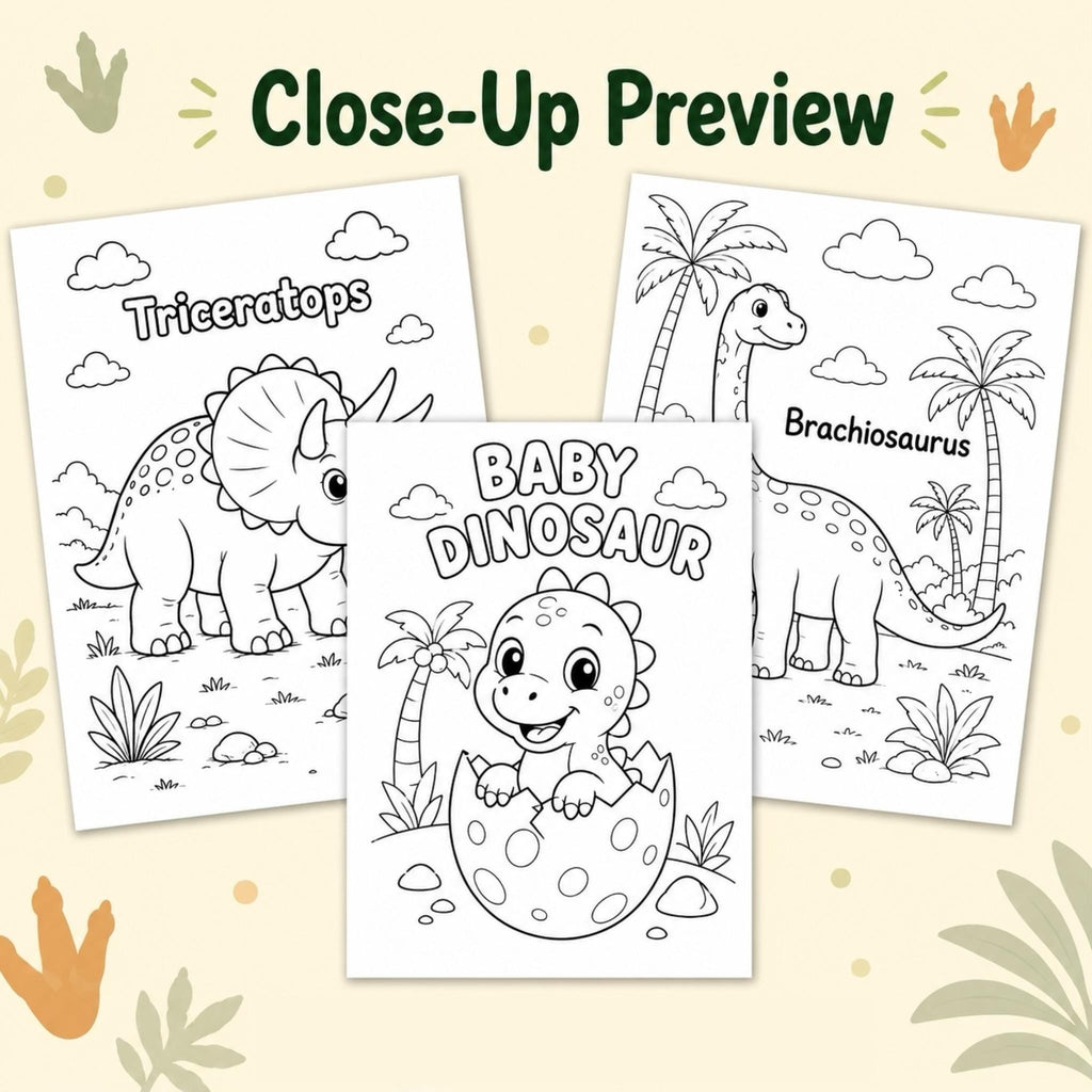 Dinosaur Coloring Pages Printable for Kids, T Rex Triceratops Dino Coloring Book PDF, Cute Dinosaur Activity Sheets, A4 US Letter