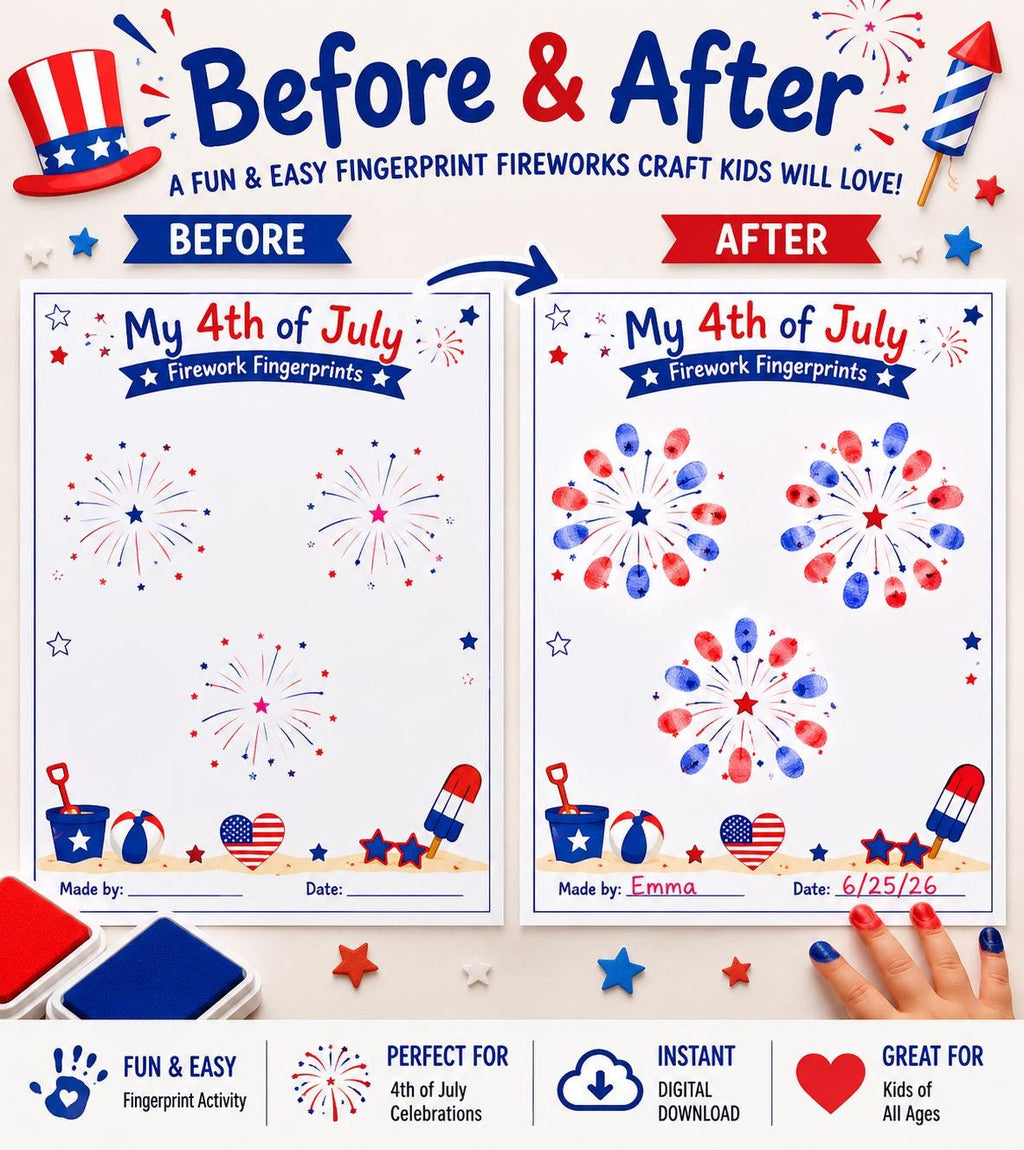 4th of July Fingerprint Craft for Kids, Firework Keepsake Printable, Fourth of July Independence Day Activity, Patriotic Handprint Art PDF