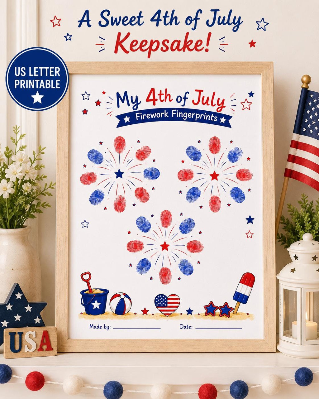 4th of July Fingerprint Craft for Kids, Firework Keepsake Printable, Fourth of July Independence Day Activity, Patriotic Handprint Art PDF