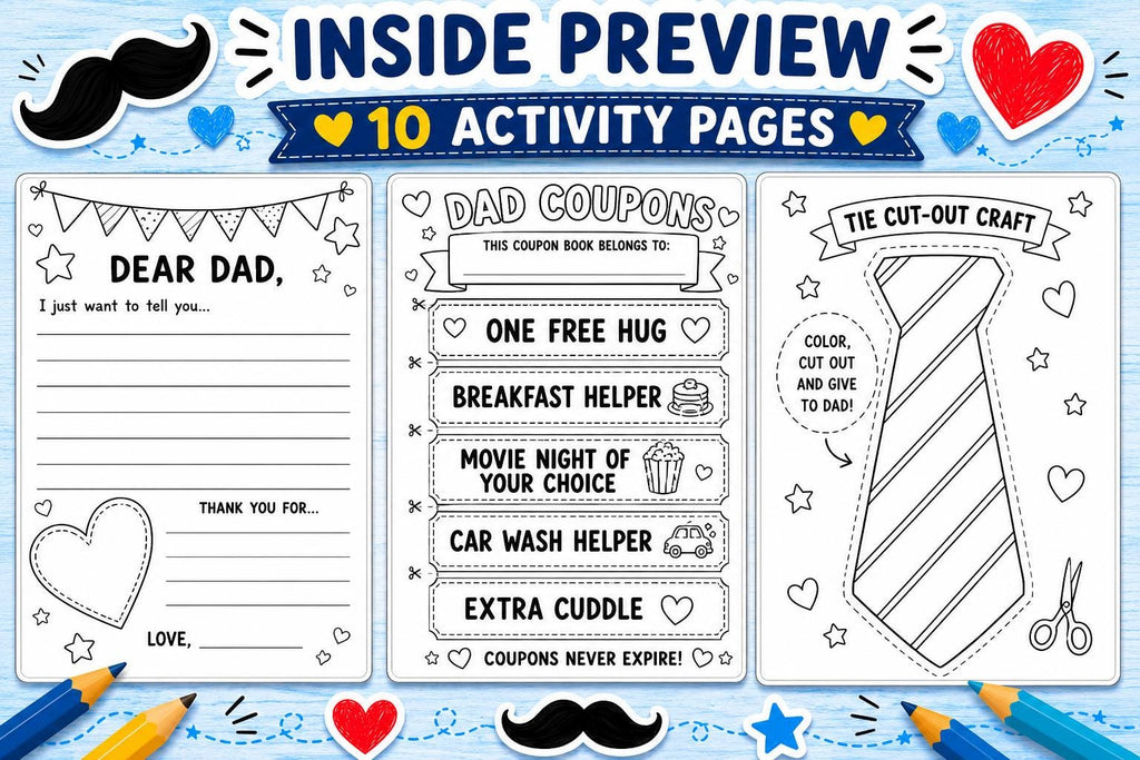 Father’s Day Activity Pack for Kids, All About Dad Worksheet, Dad Coupons, Letter to Dad & Coloring Pages